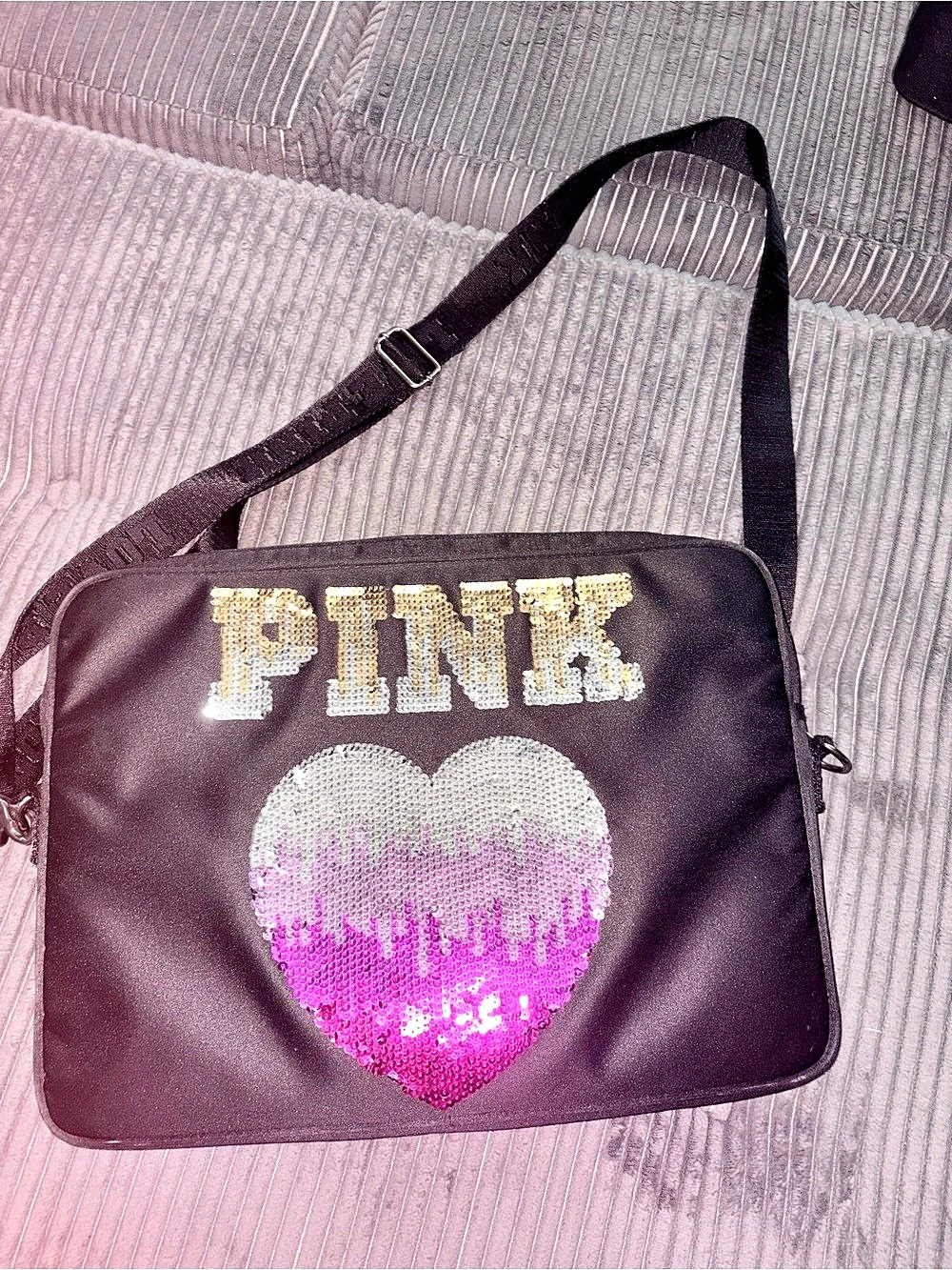 Victoria's Secret Sequin Heart Crossbody Laptop Bag in Black & Pink